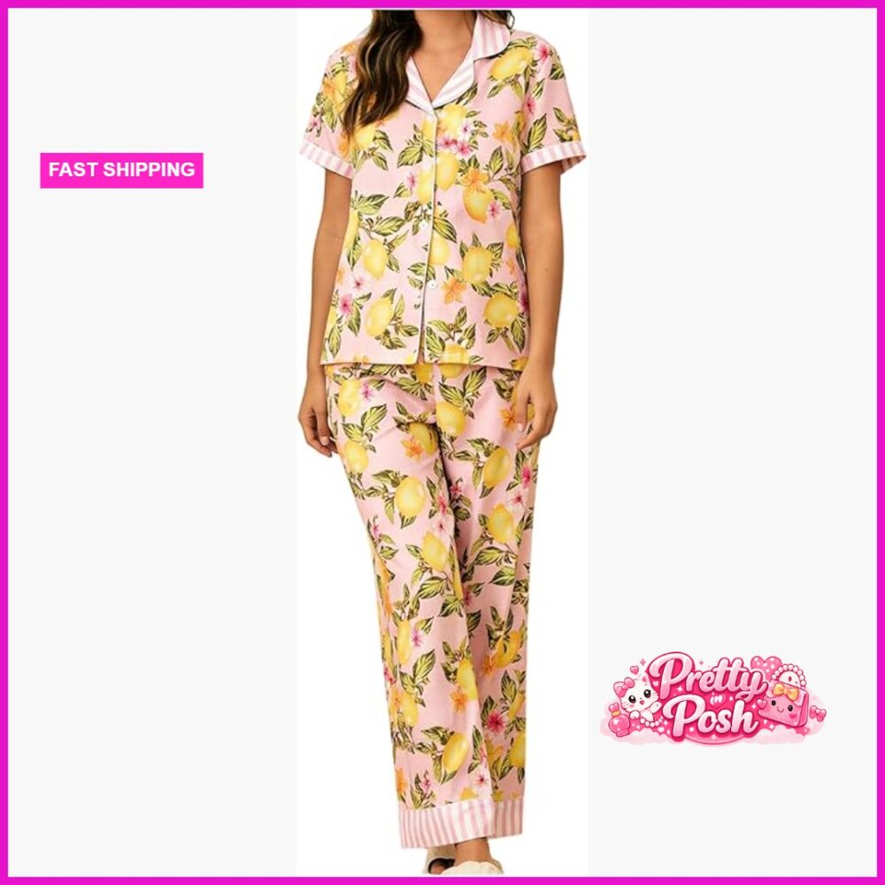 Polyester Blend Button Down Pajama Set Short Slee… - image 1